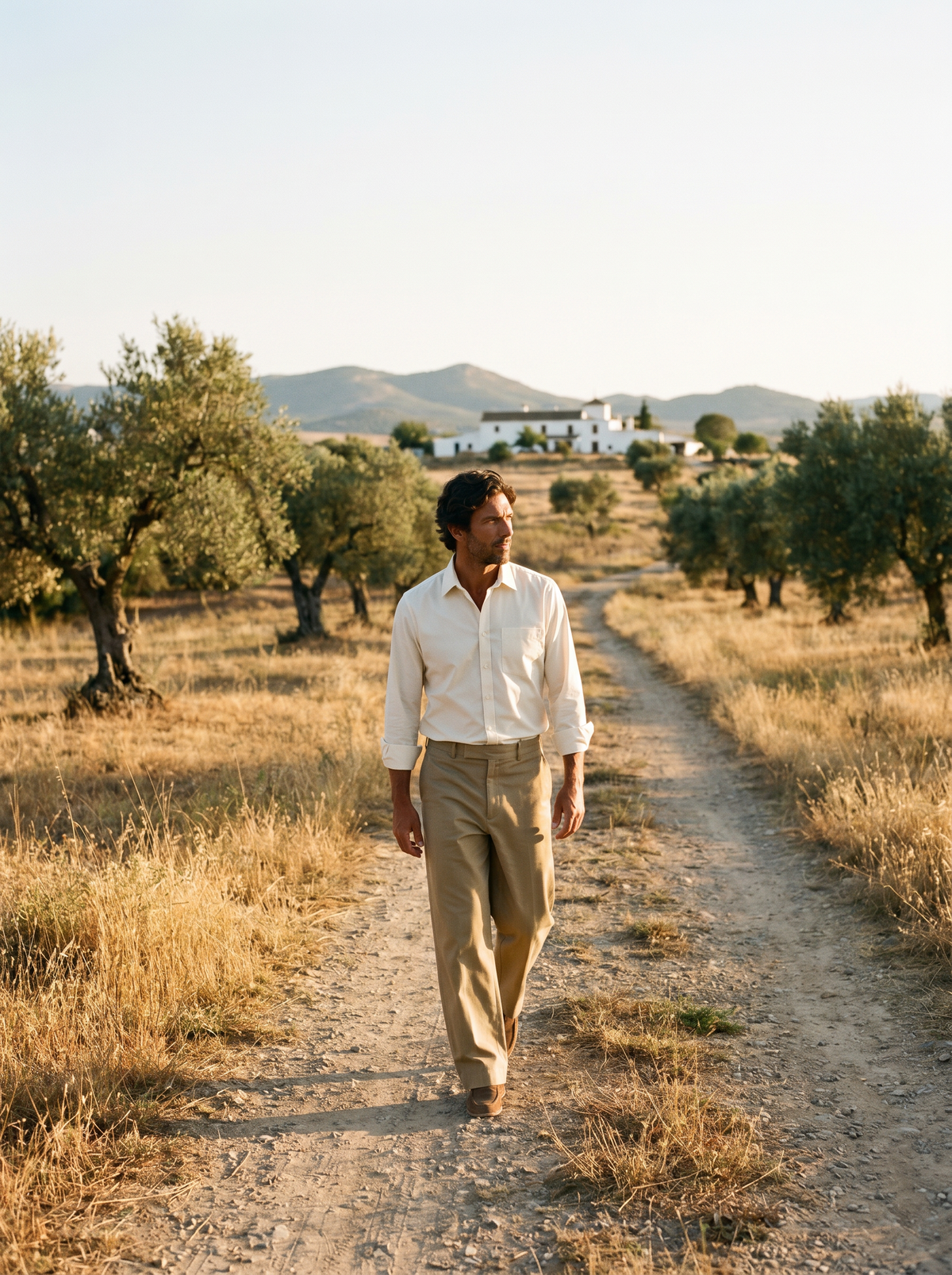 Hombre caminando por un olivar hacia un cortijo