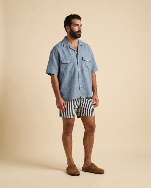 Santorini camisa lino azul - tres cuartos