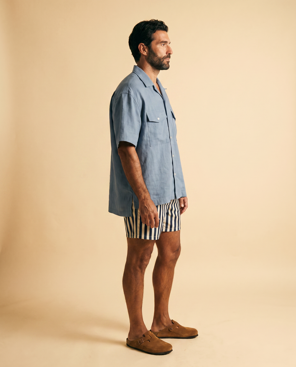 Santorini camisa lino azul - perfil