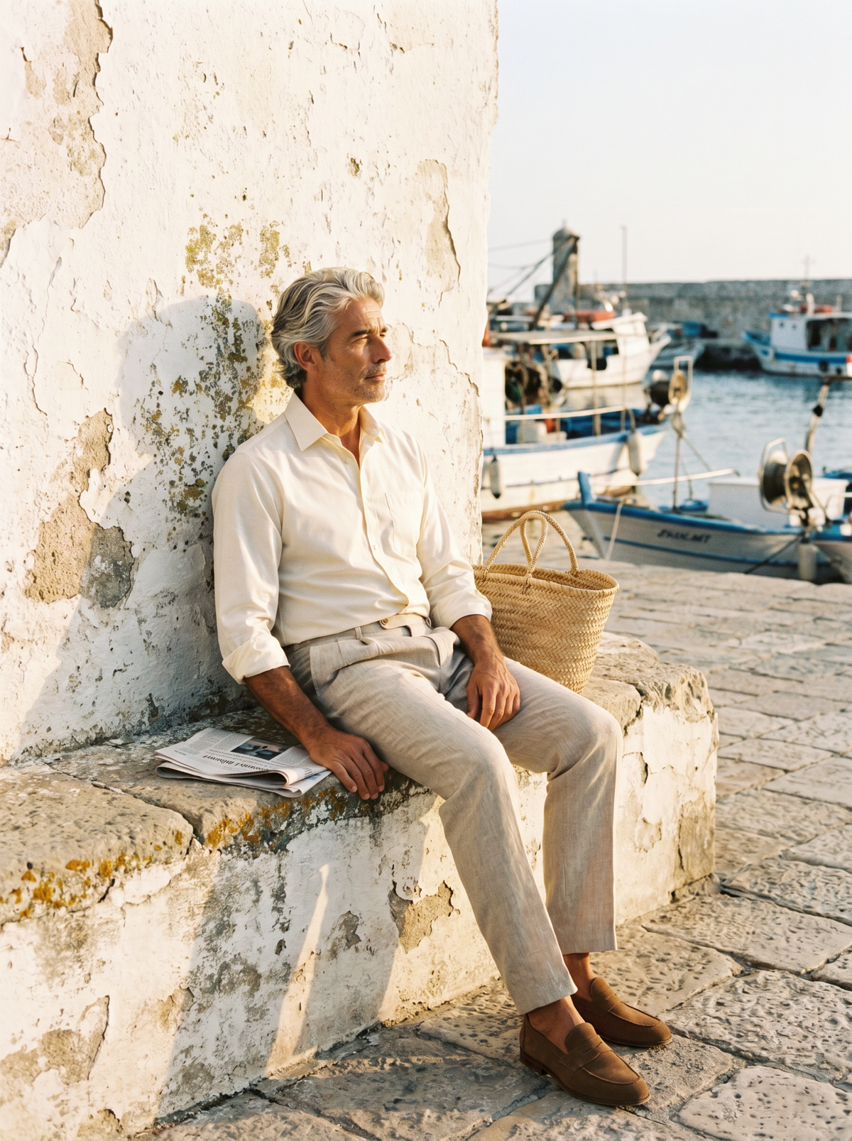 Hombre con camisa Goodfela junto a un puerto pesquero